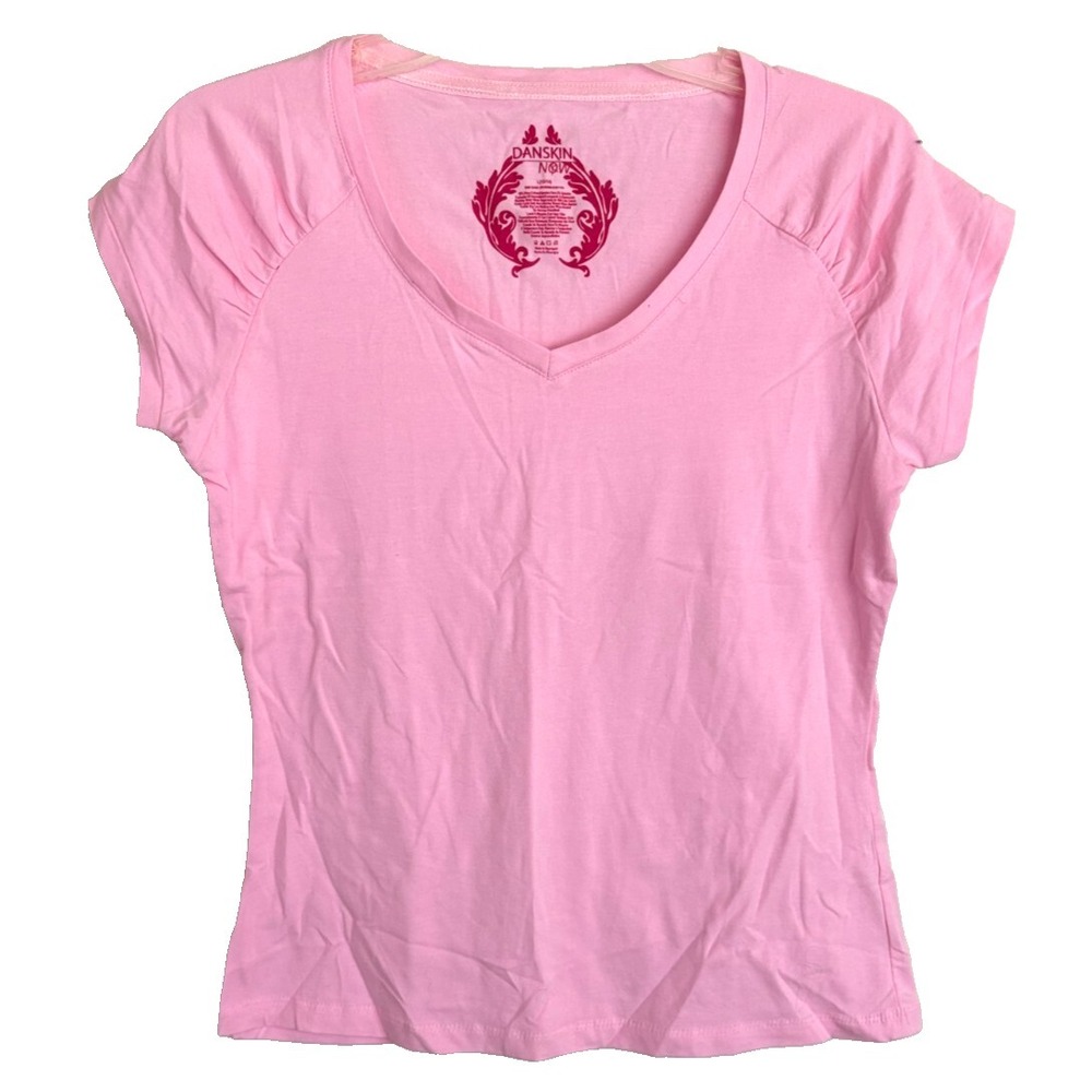 DANSKIN NOW Women Large Top Short Sleeve V-Neck Pink Pima Cotton/Spandex Stretch